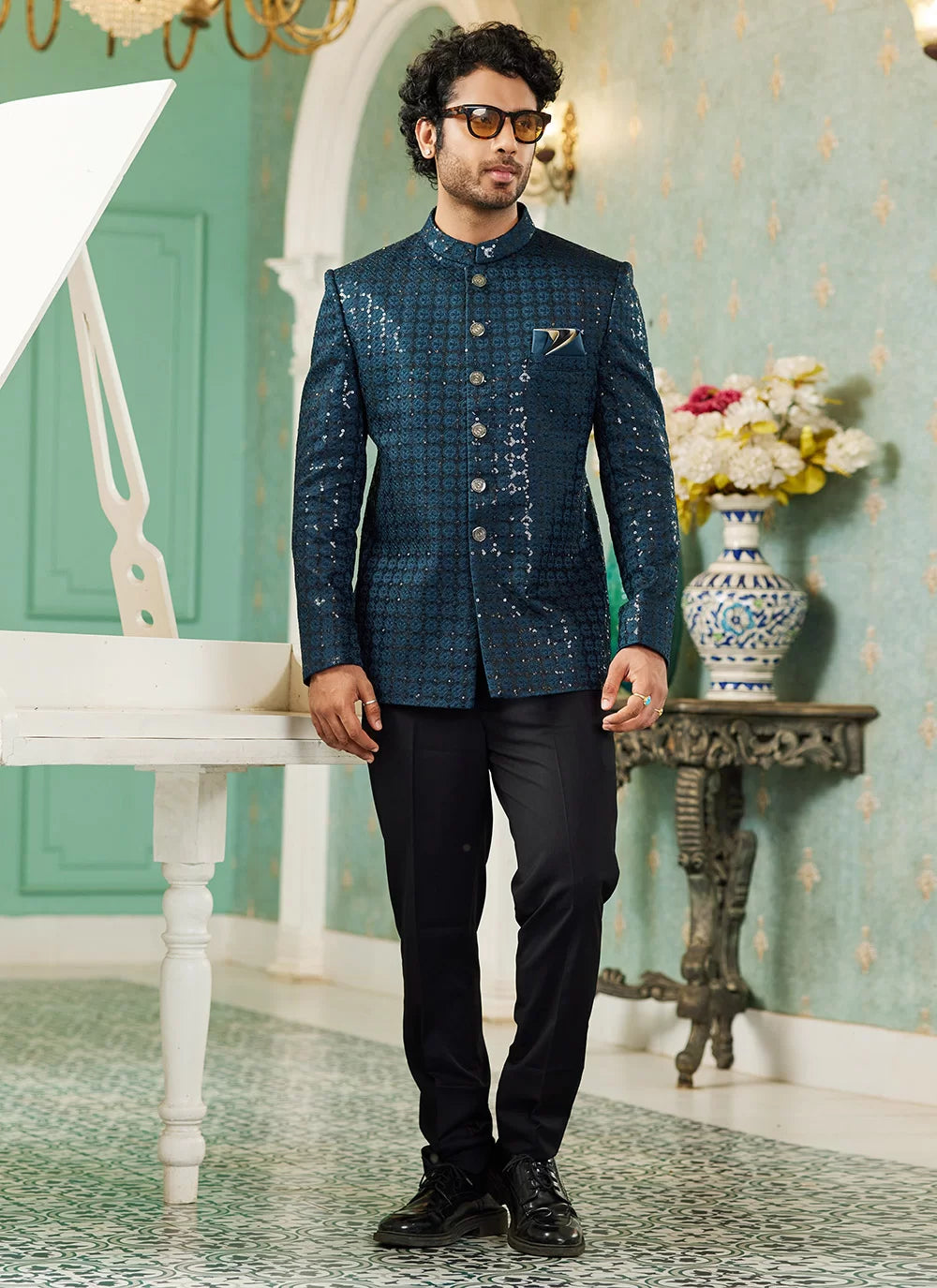 Raivat Ethnic Art Silk Embroidery and Thread Work Jodhpuri in Teal Green Colour | Grocsy