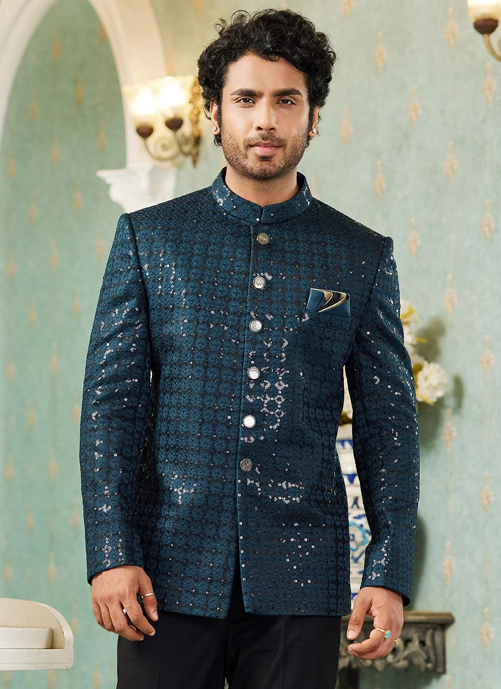 Raivat Ethnic Art Silk Embroidery and Thread Work Jodhpuri in Teal Green Colour | Grocsy