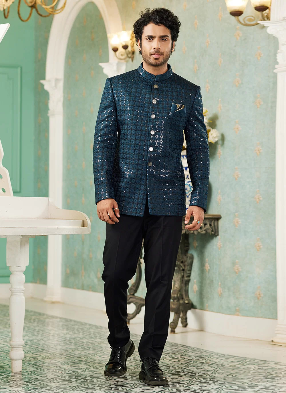 Raivat Ethnic Art Silk Embroidery and Thread Work Jodhpuri in Teal Green Colour | Grocsy