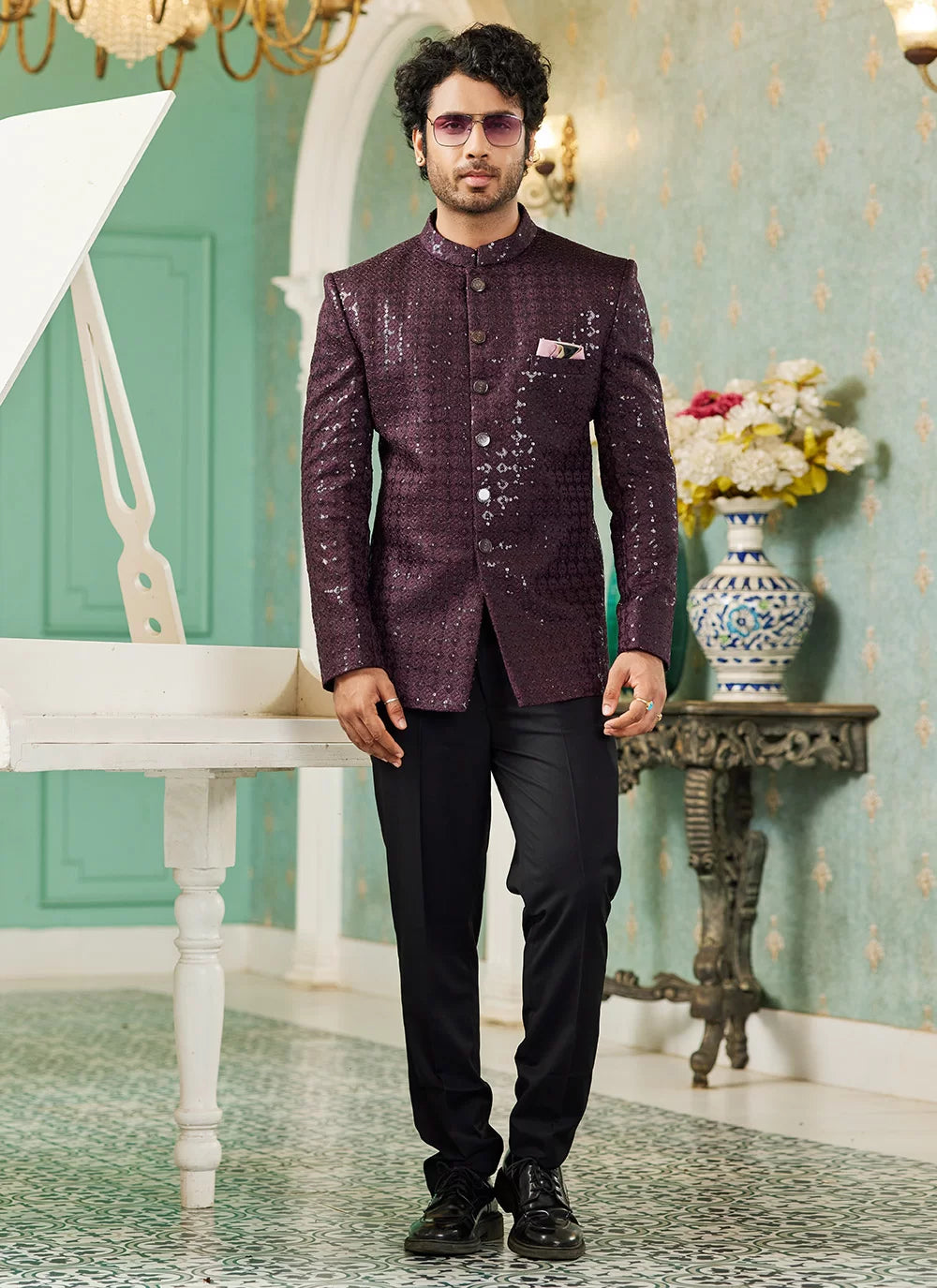 Raivat Ethnic Art Silk Embroidery and Thread Work Jodhpuri in Wine Colour | Grocsy