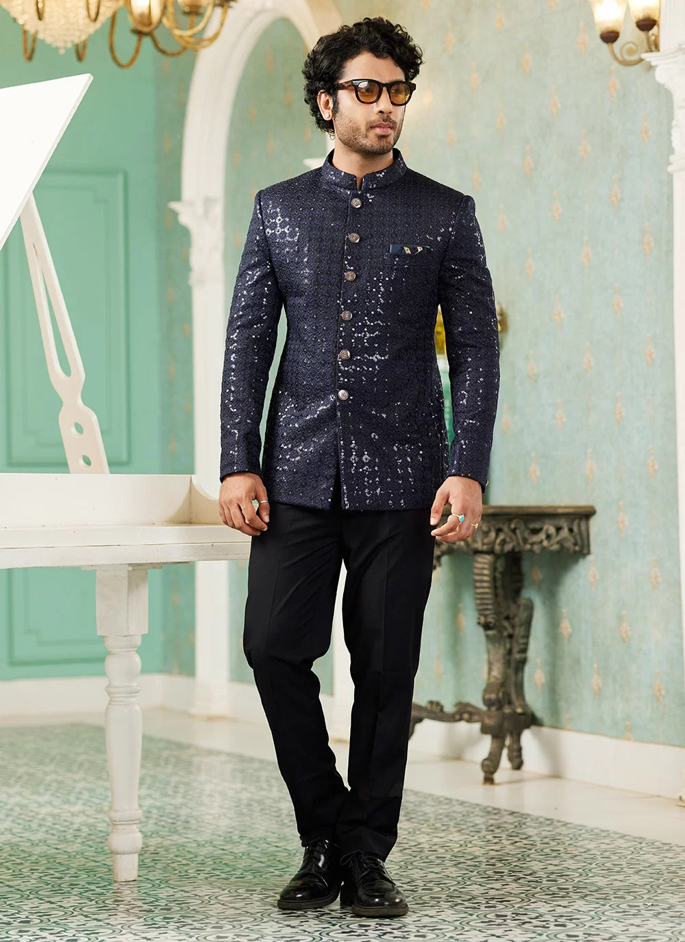 Raivat Ethnic Art Silk Embroidery and Thread Work Jodhpuri in Navy Blue Colour | Grocsy