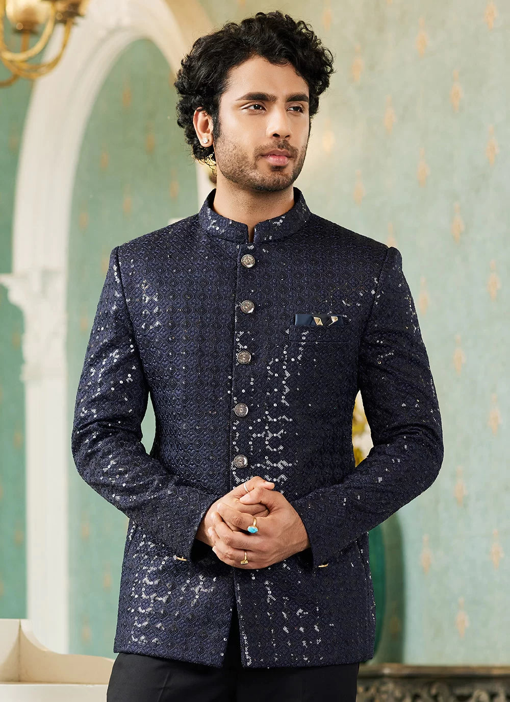 Raivat Ethnic Art Silk Embroidery and Thread Work Jodhpuri in Navy Blue Colour | Grocsy