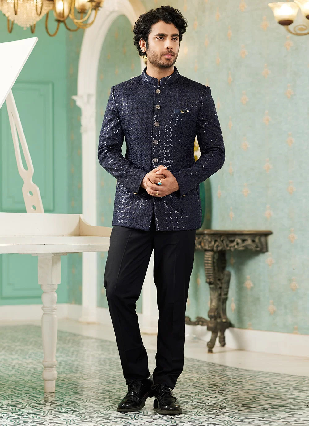 Raivat Ethnic Art Silk Embroidery and Thread Work Jodhpuri in Navy Blue Colour | Grocsy