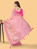 Sangria Pink & White Floral Embroidered Zari Organza Bagh Sarees | Grocsy