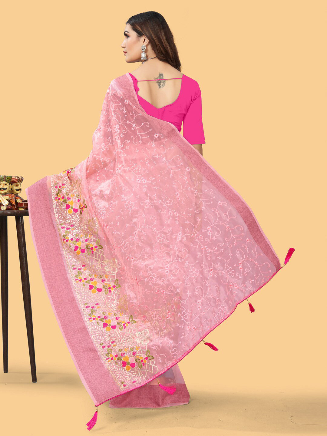 Sangria Pink & White Floral Embroidered Zari Organza Bagh Sarees | Grocsy