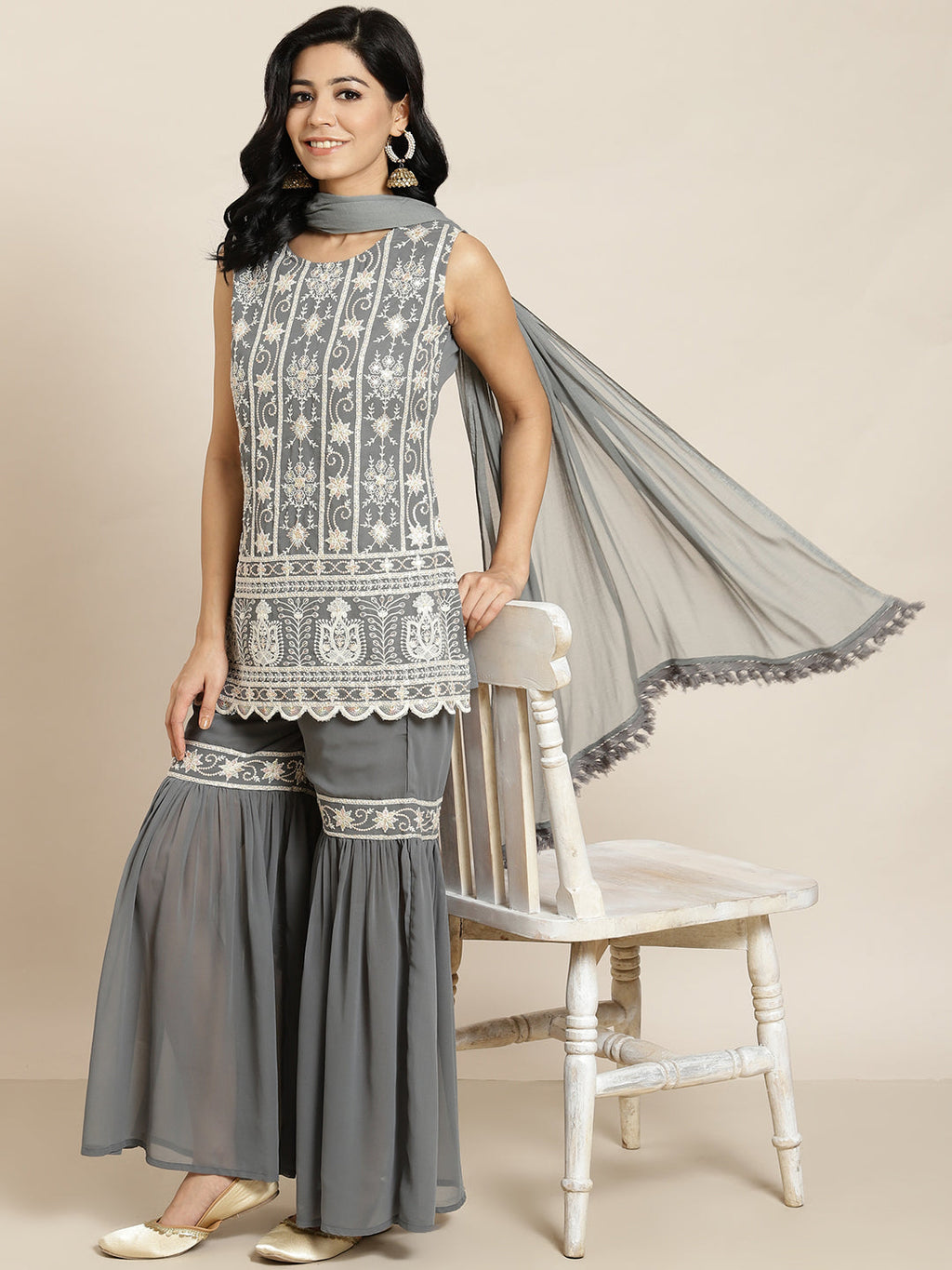 Juniper Womens Grey Georgette Embroidered Kurta With Santoon Lining, Solid Embroidered Garara & Shiffon Solid Dupatta Set | Grocsy