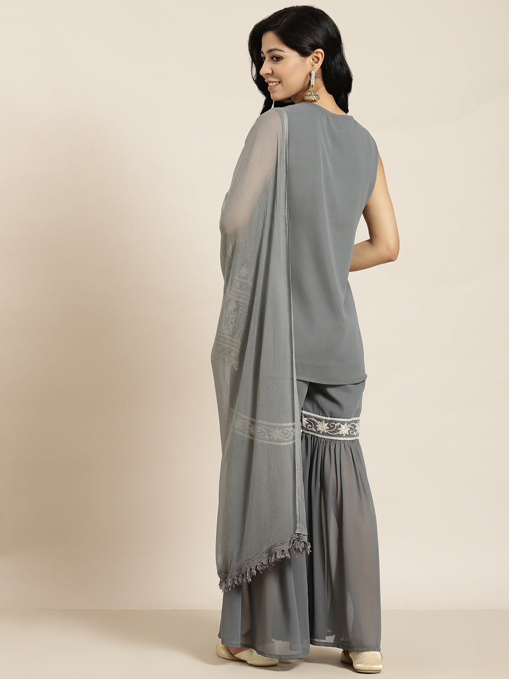 Juniper Womens Grey Georgette Embroidered Kurta With Santoon Lining, Solid Embroidered Garara & Shiffon Solid Dupatta Set | Grocsy