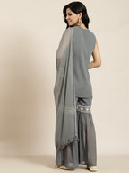 Juniper Womens Grey Georgette Embroidered Kurta With Santoon Lining, Solid Embroidered Garara & Shiffon Solid Dupatta Set | Grocsy