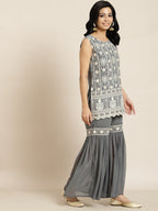 Juniper Womens Grey Georgette Embroidered Kurta With Santoon Lining, Solid Embroidered Garara & Shiffon Solid Dupatta Set | Grocsy