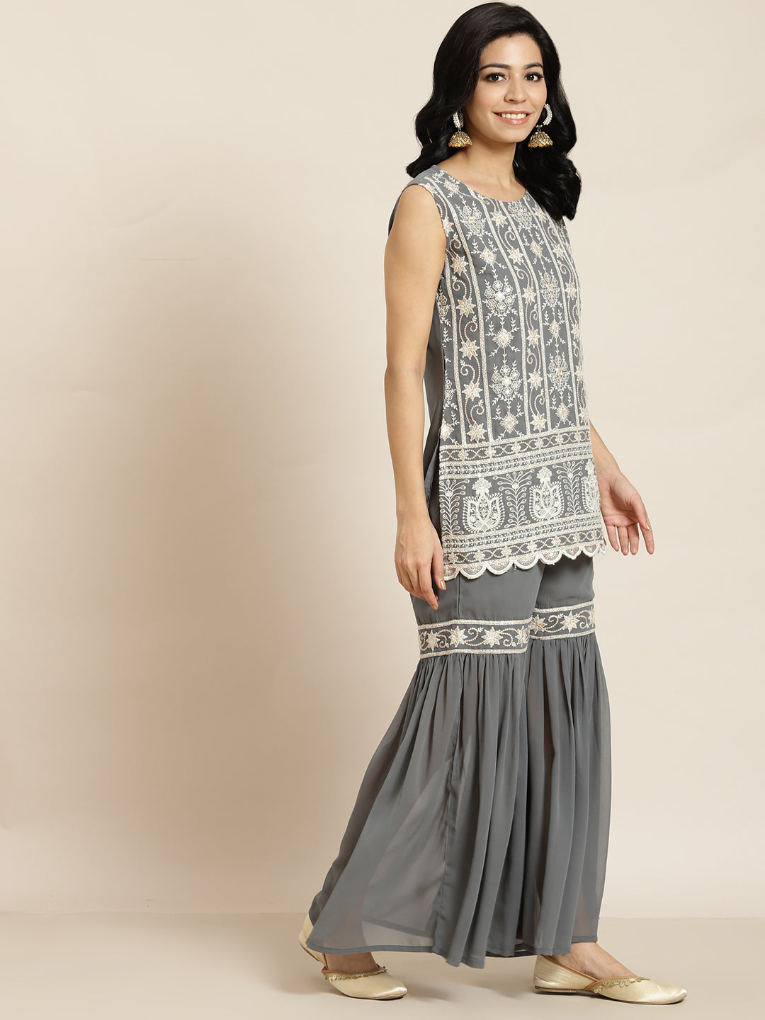 Juniper Womens Grey Georgette Embroidered Kurta With Santoon Lining, Solid Embroidered Garara & Shiffon Solid Dupatta Set | Grocsy