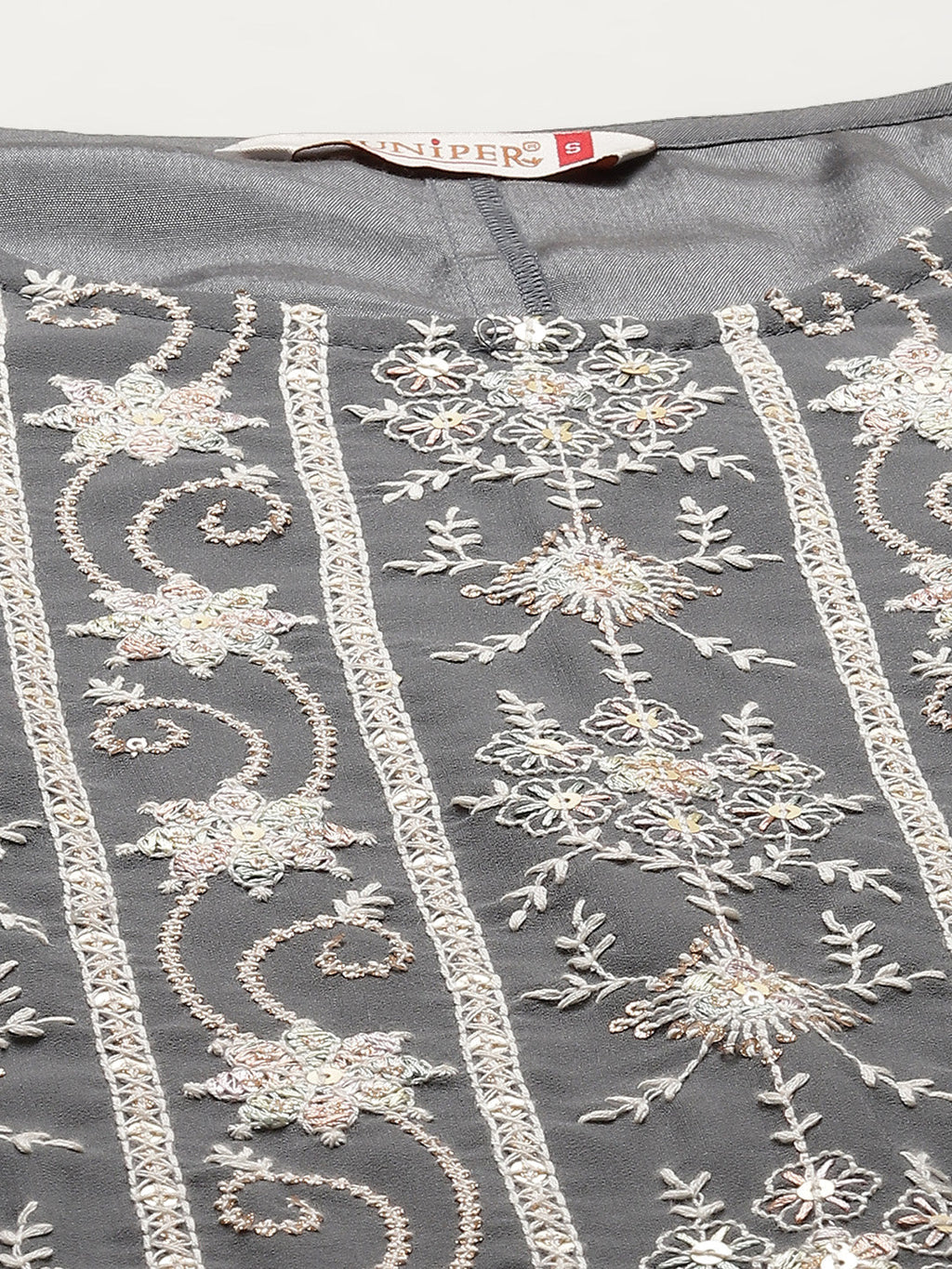 Juniper Womens Grey Georgette Embroidered Kurta With Santoon Lining, Solid Embroidered Garara & Shiffon Solid Dupatta Set | Grocsy