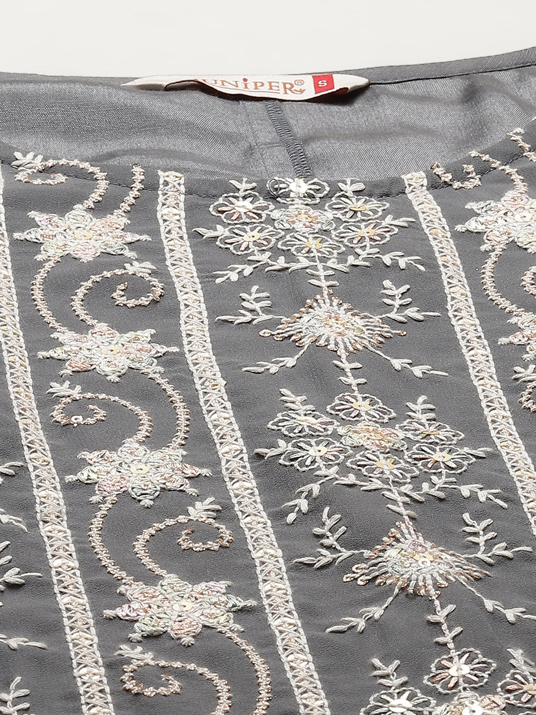 Juniper Womens Grey Georgette Embroidered Kurta With Santoon Lining, Solid Embroidered Garara & Shiffon Solid Dupatta Set | Grocsy