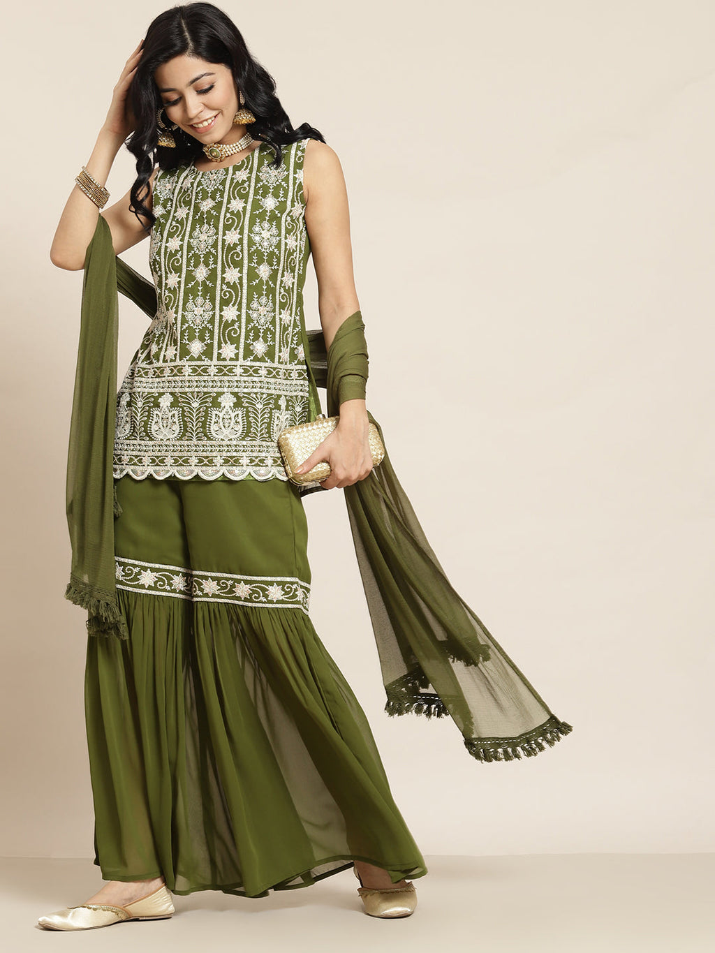 Juniper Womens Mehandigreen Georgette Embroidered Kurta With Santoon Lining,Solid Embroidered Garara And Shiffon Solid Dupatta Set | Grocsy