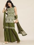 Juniper Womens Mehandigreen Georgette Embroidered Kurta With Santoon Lining,Solid Embroidered Garara And Shiffon Solid Dupatta Set | Grocsy