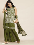 Juniper Womens Mehandigreen Georgette Embroidered Kurta With Santoon Lining,Solid Embroidered Garara And Shiffon Solid Dupatta Set | Grocsy