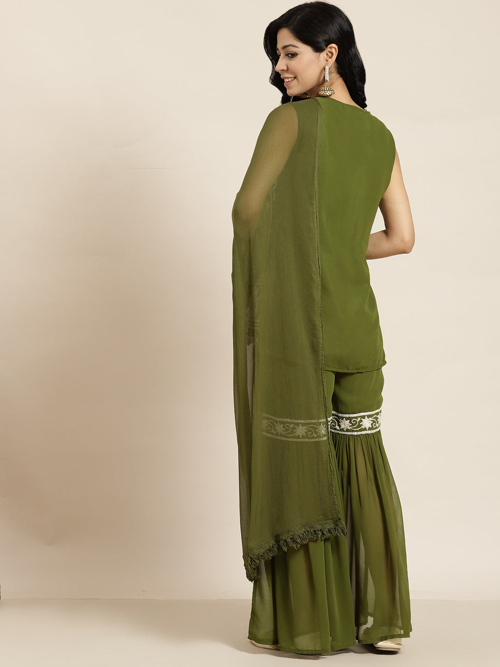 Juniper Womens Mehandigreen Georgette Embroidered Kurta With Santoon Lining,Solid Embroidered Garara And Shiffon Solid Dupatta Set | Grocsy