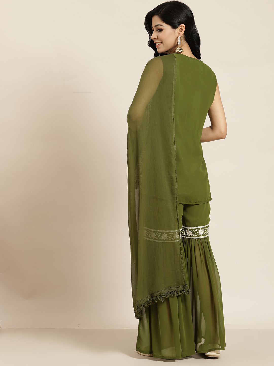 Juniper Womens Mehandigreen Georgette Embroidered Kurta With Santoon Lining,Solid Embroidered Garara And Shiffon Solid Dupatta Set | Grocsy