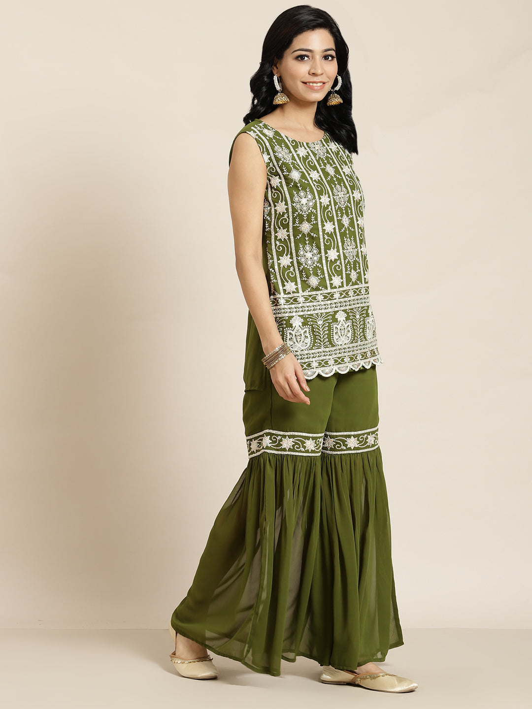 Juniper Womens Mehandigreen Georgette Embroidered Kurta With Santoon Lining,Solid Embroidered Garara And Shiffon Solid Dupatta Set | Grocsy