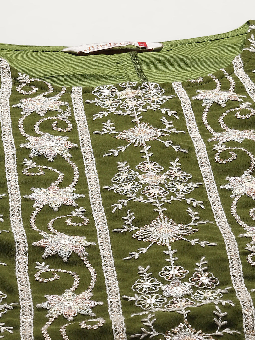 Juniper Womens Mehandigreen Georgette Embroidered Kurta With Santoon Lining,Solid Embroidered Garara And Shiffon Solid Dupatta Set | Grocsy