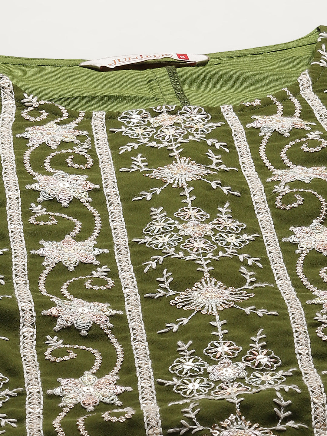 Juniper Womens Mehandigreen Georgette Embroidered Kurta With Santoon Lining,Solid Embroidered Garara And Shiffon Solid Dupatta Set | Grocsy