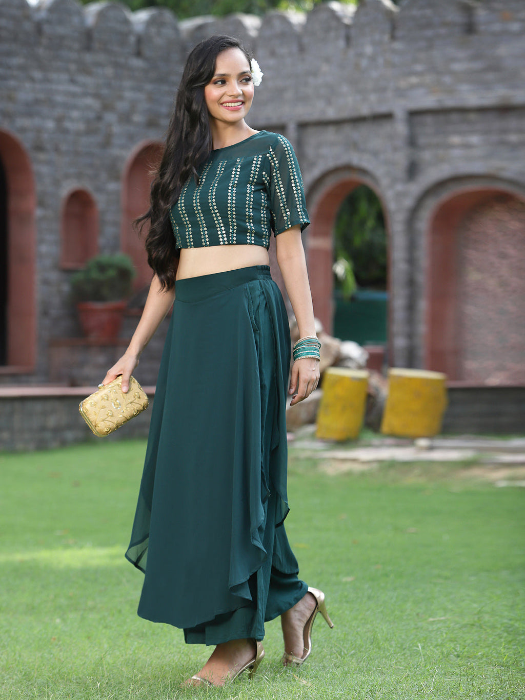 Juniper Womens Emeraldgreen Georgette Clothing Sets | Grocsy