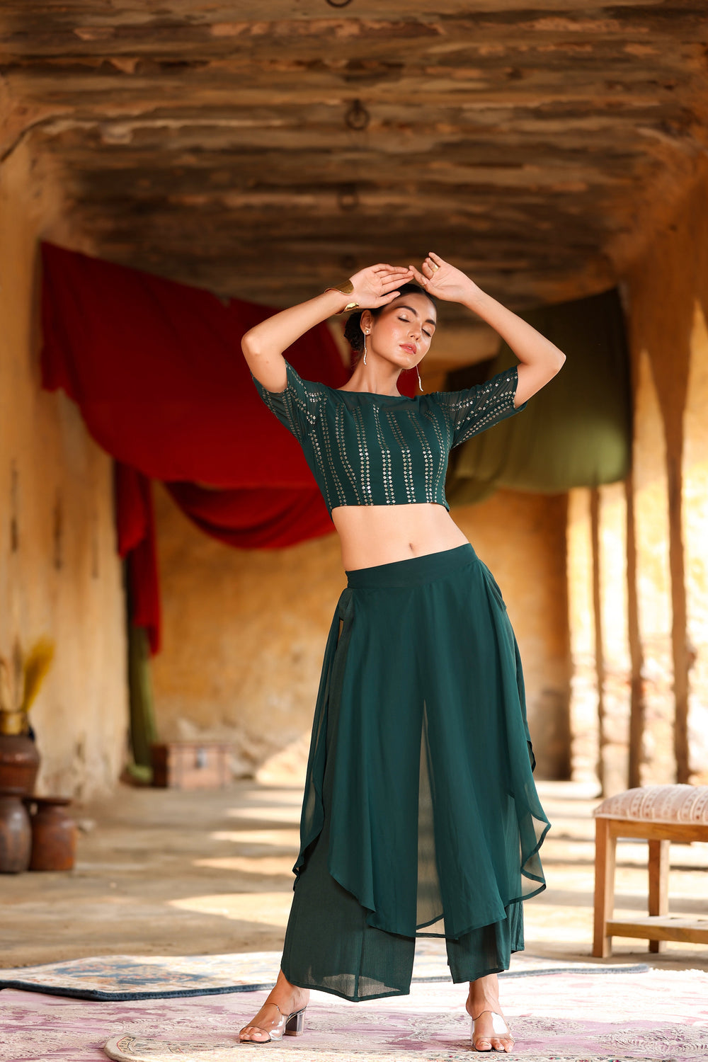 Juniper Women's Green Georgette Solid Fitted Clothing Set | Grocsy