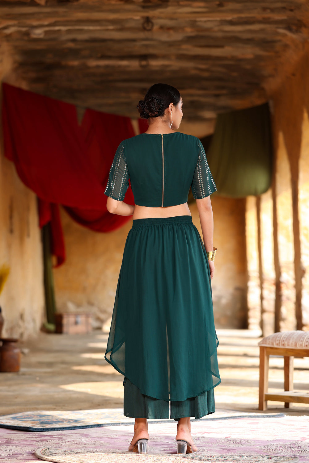 Juniper Women's Green Georgette Solid Fitted Clothing Set | Grocsy