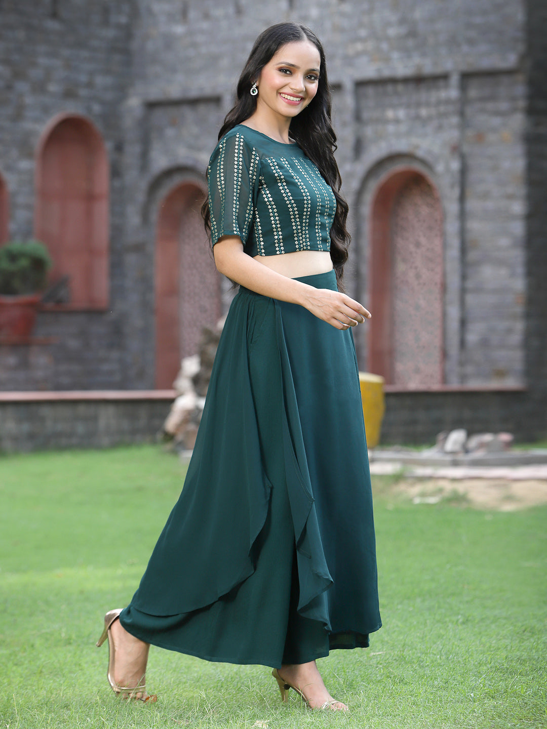 Juniper Womens Emeraldgreen Georgette Clothing Sets | Grocsy