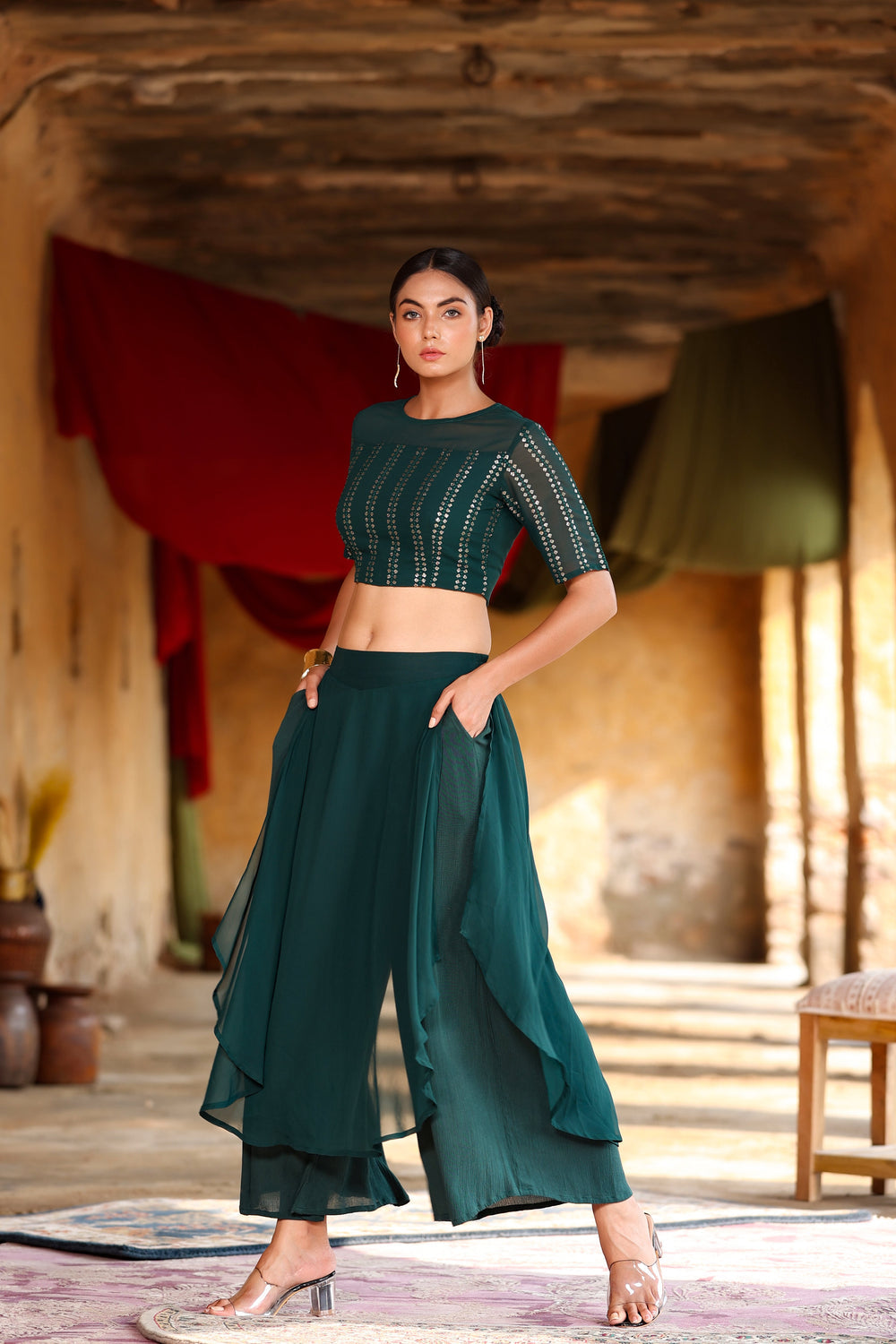 Juniper Women's Green Georgette Solid Fitted Clothing Set | Grocsy