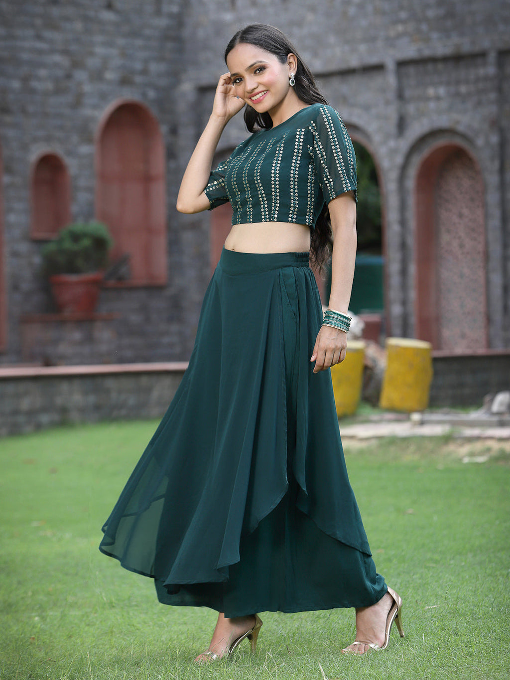 Juniper Womens Emeraldgreen Georgette Clothing Sets | Grocsy