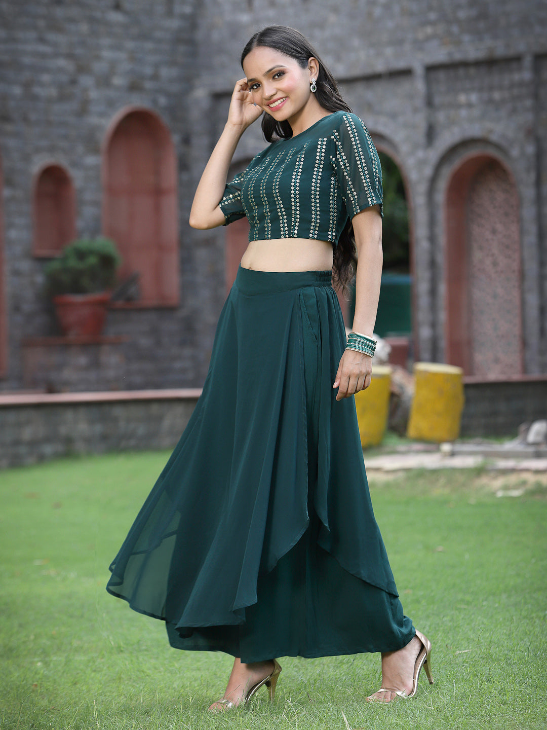 Juniper Womens Emeraldgreen Georgette Clothing Sets | Grocsy