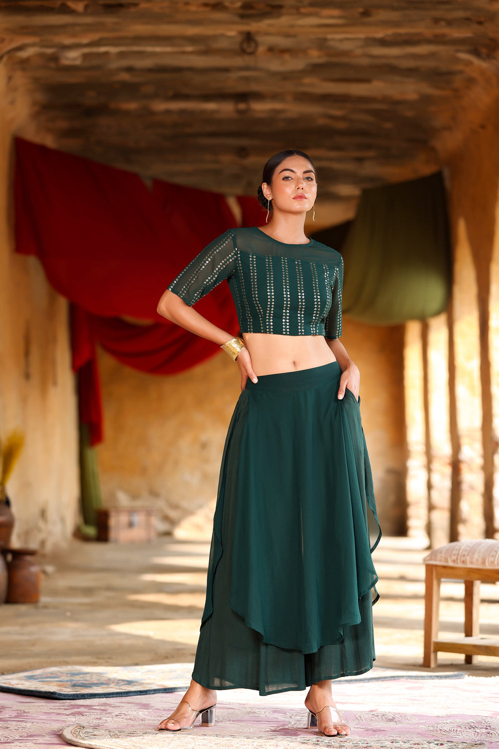 Juniper Women's Green Georgette Solid Fitted Clothing Set | Grocsy