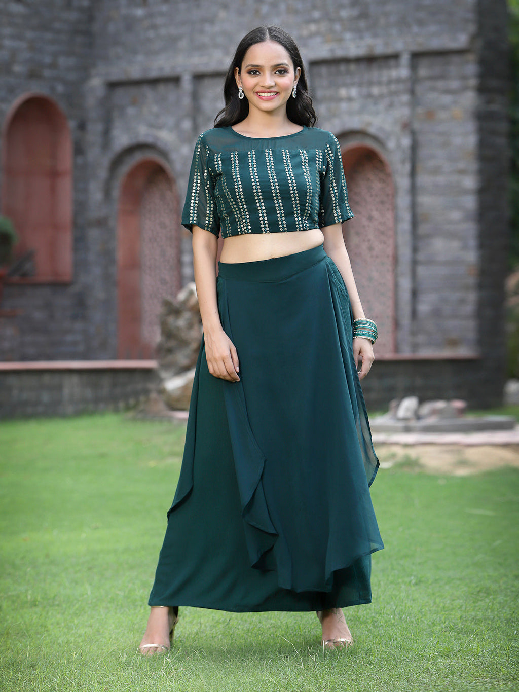 Juniper Womens Emeraldgreen Georgette Clothing Sets | Grocsy