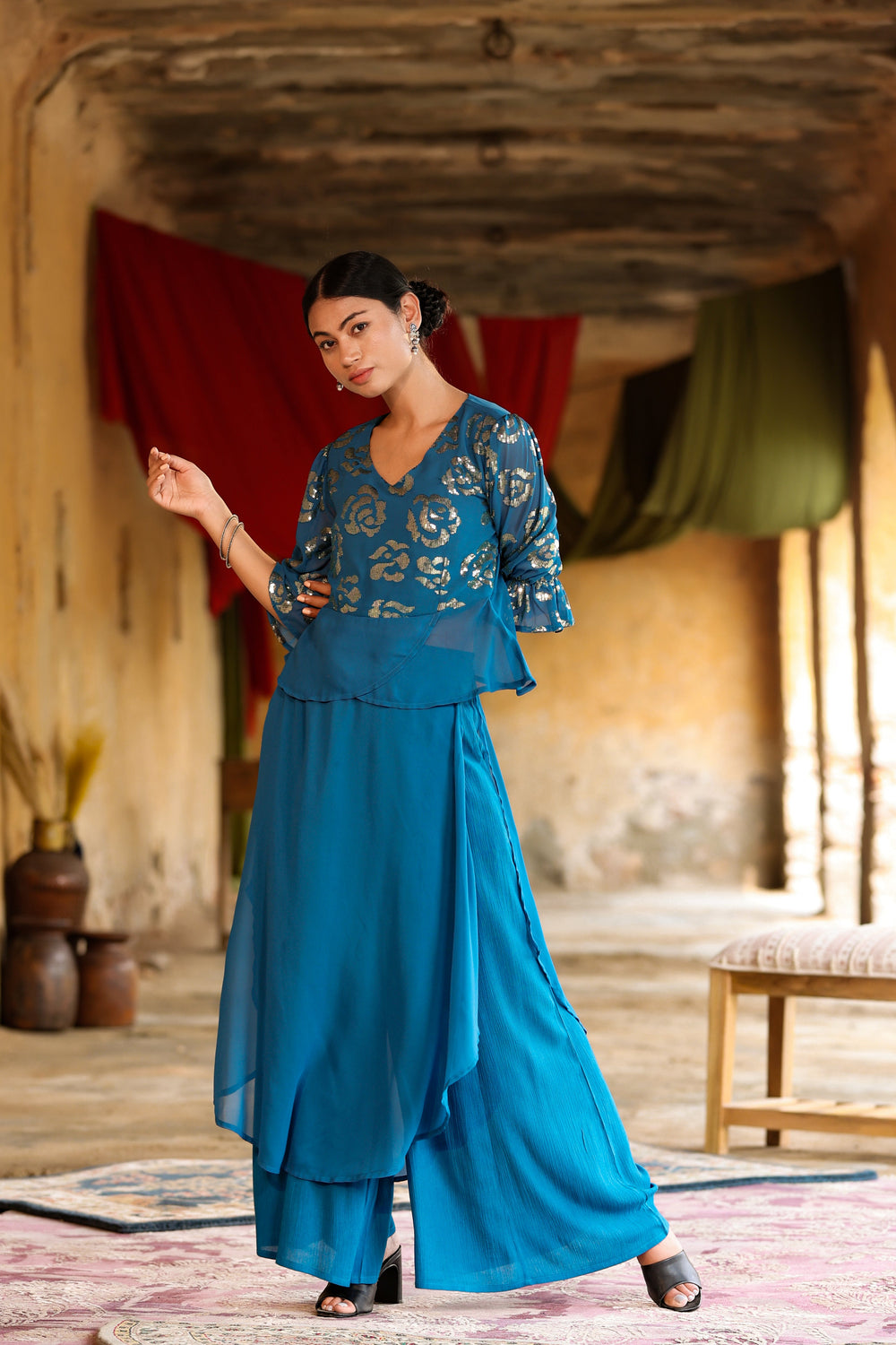 Juniper Women's Teal Georgette Solid Peplum Clothing Set | Grocsy