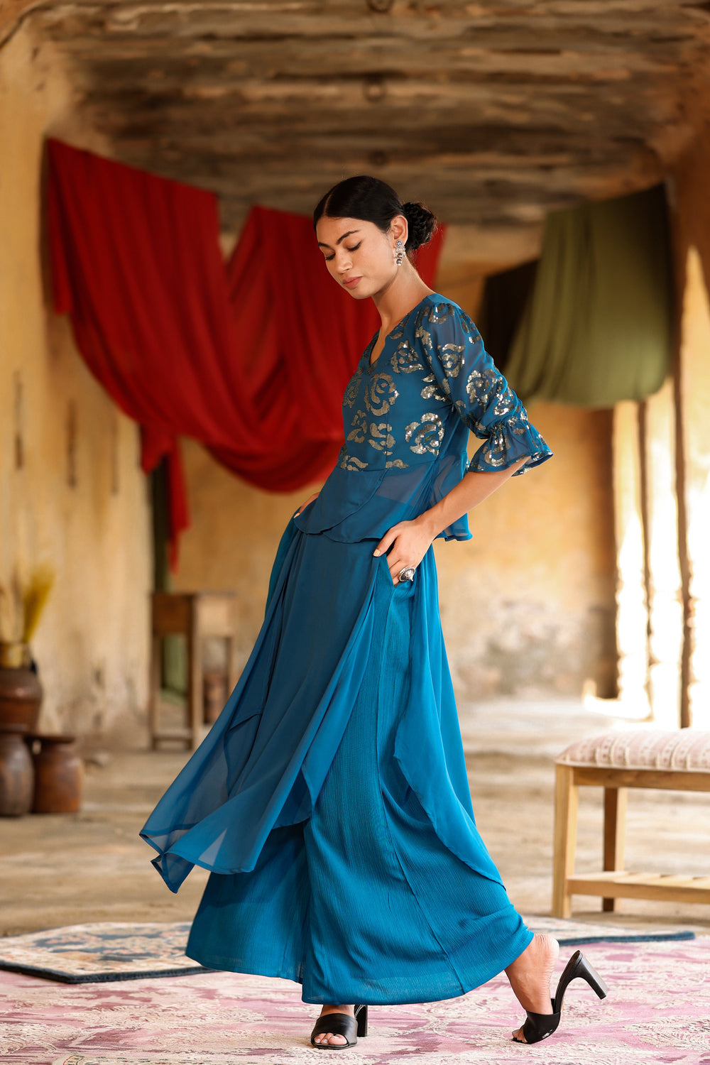 Juniper Women's Teal Georgette Solid Peplum Clothing Set | Grocsy