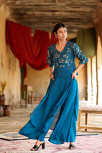 Juniper Women's Teal Georgette Solid Peplum Clothing Set | Grocsy