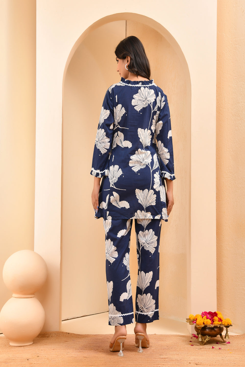 Vaasva Women Navy Pleated Cotton Printed Cord Set With Lace | Grocsy