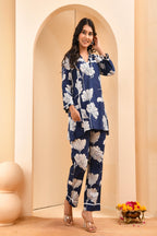 Vaasva Women Navy Pleated Cotton Printed Cord Set With Lace | Grocsy