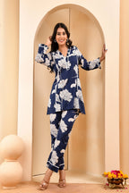 Vaasva Women Navy Pleated Cotton Printed Cord Set With Lace | Grocsy