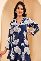 Vaasva Women Navy Pleated Cotton Printed Cord Set With Lace | Grocsy
