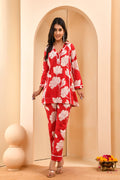 Vaasva Women Red Pleated Cotton Printed Cord Set With Lace | Grocsy