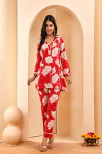 Vaasva Women Red Pleated Cotton Printed Cord Set With Lace | Grocsy