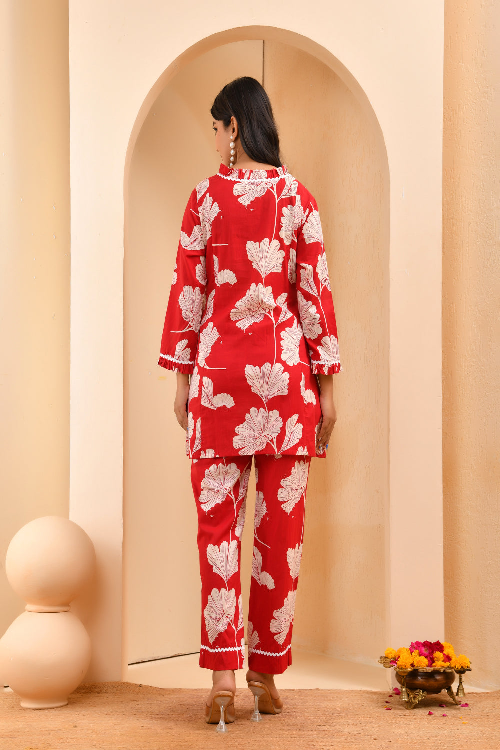 Vaasva Women Red Pleated Cotton Printed Cord Set With Lace | Grocsy