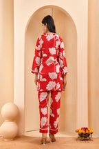 Vaasva Women Red Pleated Cotton Printed Cord Set With Lace | Grocsy