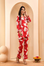 Vaasva Women Red Pleated Cotton Printed Cord Set With Lace | Grocsy