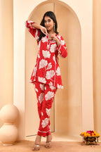 Vaasva Women Red Pleated Cotton Printed Cord Set With Lace | Grocsy