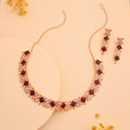 Tehzeeb Creations Rose Gold-Polished Maroon Choker Necklace With Dangle Earrings - Swadesiicart