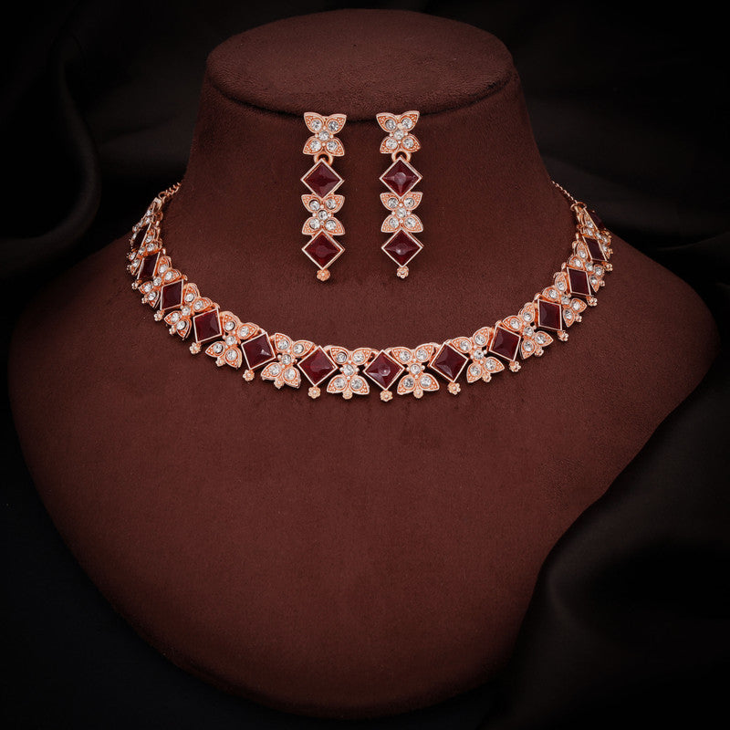 Tehzeeb Creations Rose Gold-Polished Maroon Choker Necklace With Dangle Earrings - Swadesiicart