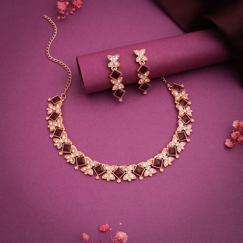 Tehzeeb Creations Rose Gold-Polished Maroon Choker Necklace With Dangle Earrings - Swadesiicart