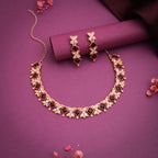 Tehzeeb Creations Rose Gold-Polished Maroon Choker Necklace With Dangle Earrings - Swadesiicart